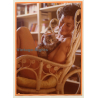 R.Folco: Slim Nude Female & Kitten On Wicker Chair*1 (Vintage Photo France 1980s)