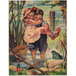 O.H.K. Litho: Baby Boy & Girl In Pond - Frog (Vintage Lithography 1930s/1940s)
