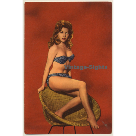 Brunette Pin-up On Designer Rattan Chair / Risqué - Erotica (Vintage PC 1960s)