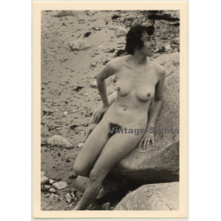 Natural Brunette Nude Female On Beach Rock (Vintage Photo ~1950s/1960s)