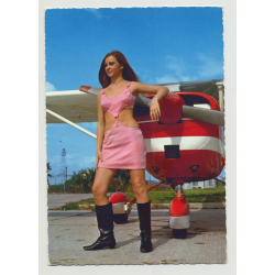 Woman In Hot Dress W. High Boots In Front Of Cesna 172 (Vintage Pin-Up PC 1960s)