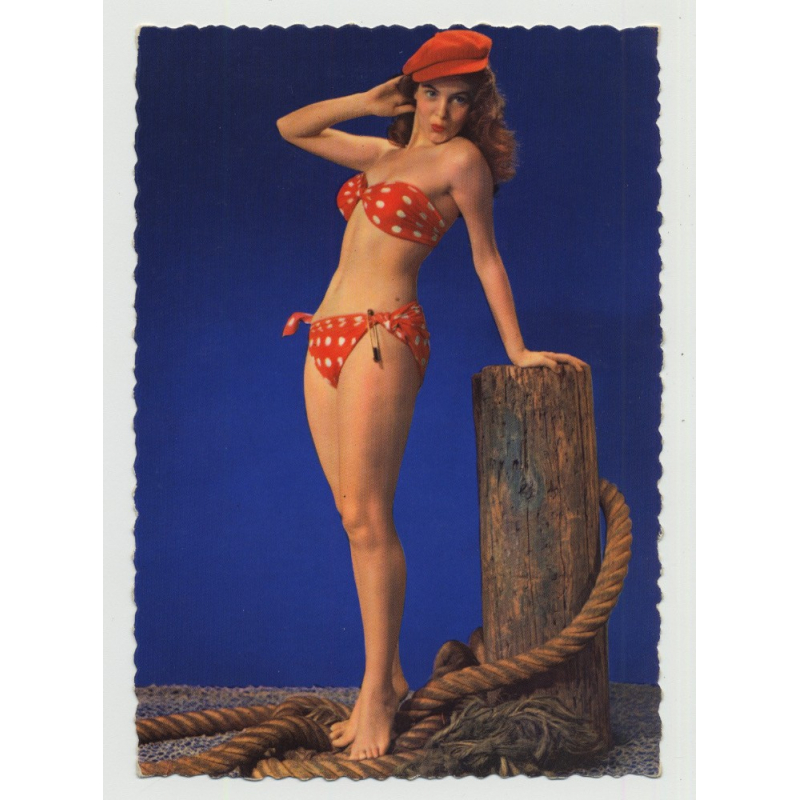 Sweet Redheaded Sailor Girl In Dotted Bikini / Kiss Mouth (Vintage Pin-Up PC 1950s)