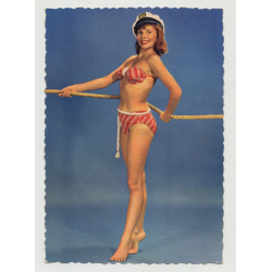 Slim Redheaded Sailor Girl W. Captain's Hat / Big Smile (Vintage Pin-Up PC 1950s)