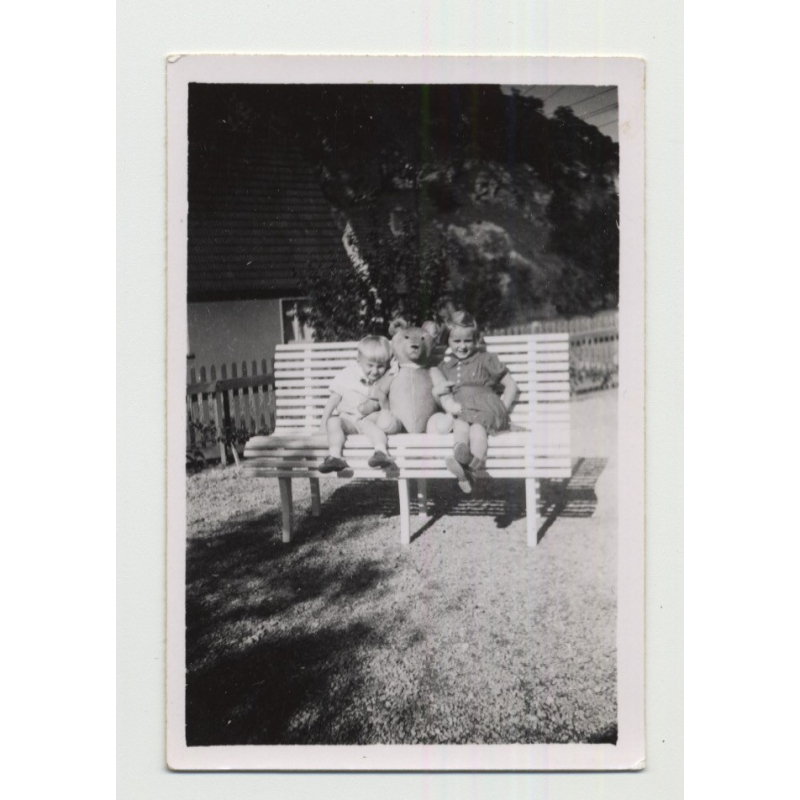 Baby Boy & Little Sister Share Bench With Huge Teddy Bear (Vintage Photo ~1940s)