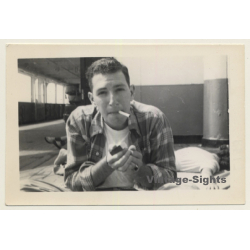 Handsome Guy Lights Cigarette On Deck Of Ship / Gay INT (Vintage Photo ~1950s/1960s)