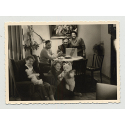 Partially Costumed Family Along With 2 Teddy Bears (Vintage Photo ~30s/40s)