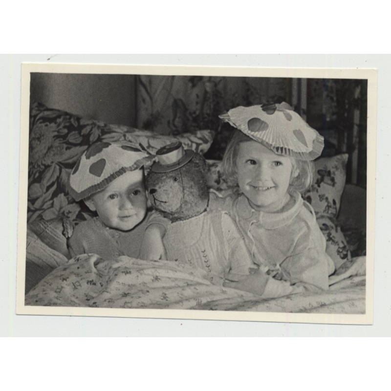 Little Girl & Her Baby Brother W. Beloved Teddy Bear / Hats (Vintage Photo ~1950s)