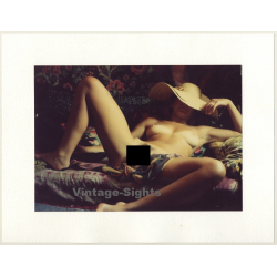 R.Folco: Slim Nude With Straw Hat On Couch (Vintage Photo France 1980s)
