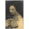 Portrait Of Young Female / Spanish Fan - Pear Necklace (Vintage RPPC Belgium ~1920s/1930s)