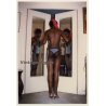 Rear View: Slim Dark-Skinned Semi Nude / Mirrors - Boobs (Vintage Photo France 1990s)