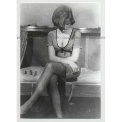 Sulky Female W. Low Neckline Dress On Stool / Busty (Vintage Amateur Photo DDR)