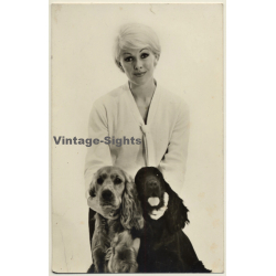 Blonde Fashion Model With 2 Cocker Spaniels (Vintage RPPC 1960s)