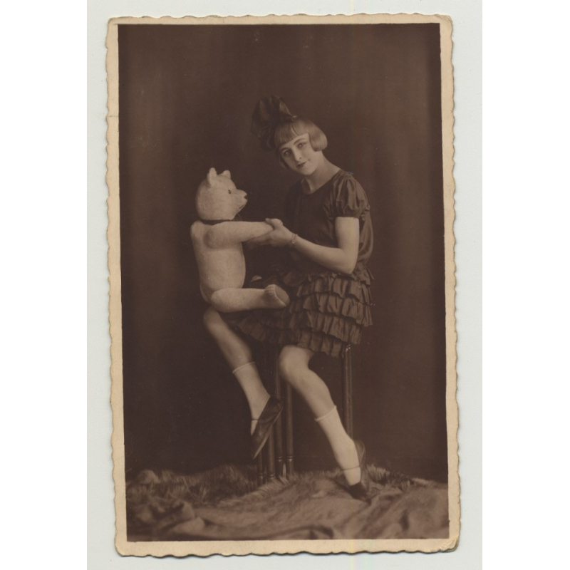 Girl Poses With Teddy Bear (Vintage Photo PC 1926)