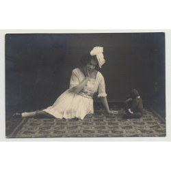 Woman In White Dress Admires Teddy Bear (Vintage Photo PC 1924)