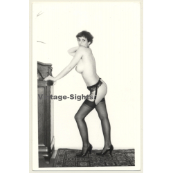 Slim Busty Semi Nude Standing / Eyes - Suspenders (Vintage Photo Germany ~1980s)
