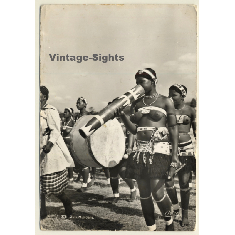South Africa: Topless Zulu Musicians / Tribal - Ethnic (Vintage RPPC 1955)