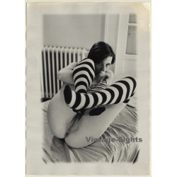 Seductive Shorthaired Nude Lifts Legs / Striped Socks (Vintage French Photo Master ~1980s)