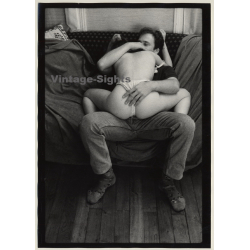 Semi Nude Female Sitting On Mans' Lap / Butt - Panties (Vintage French Photo Master ~1980s)
