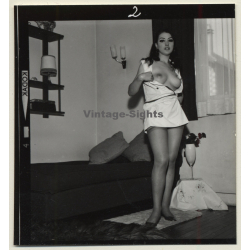 Tantalizing Darkhaired Semi Nude Flashing Boobs*2 (Vintage Contact Sheet Photo 1970s)