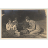 Little Boy Gets His 1. Teddy Bear At Family Picnic (Vintage Gelatin Silver Photo)