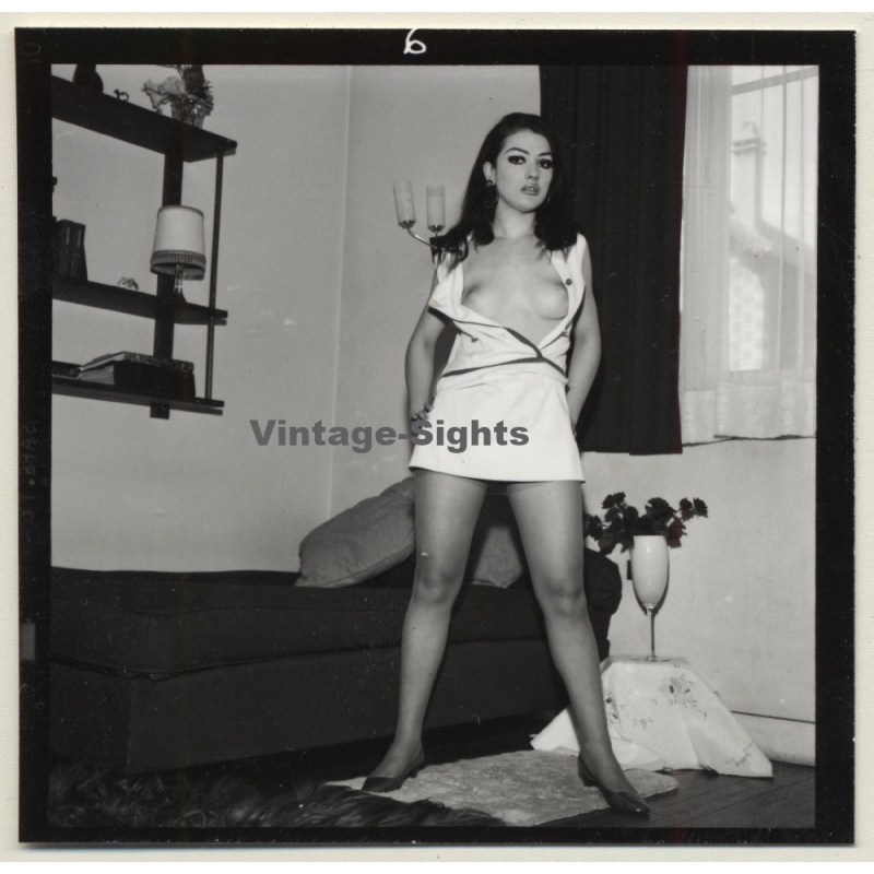 Tantalizing Darkhaired Semi Nude Flashing Boobs*6 (Vintage Contact Sheet Photo 1970s)