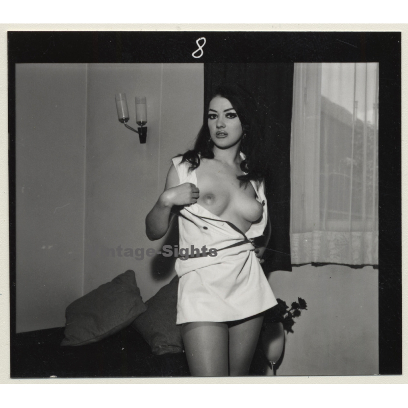 Tantalizing Darkhaired Semi Nude Flashing Boobs*8 (Vintage Contact Sheet Photo 1970s)