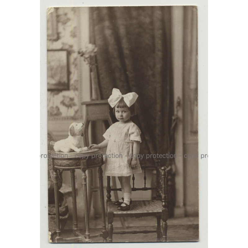 Ultra Sweet Baby Girl W. Hair Bow & Stuffed Dog (Vintage Real Photo PC 20s/30s)