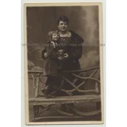 Mother & Daughter Together W. Teddy Bear (Vintage Real Photo PC 20s/30s)