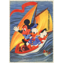 Walt Disney: Mickey Mouse, Donald, Huey & Susi In Boat (Vintage PC 1963)