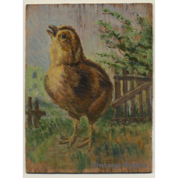 Little Chick On Meadow (Small Vintage Oil Painting 1957)