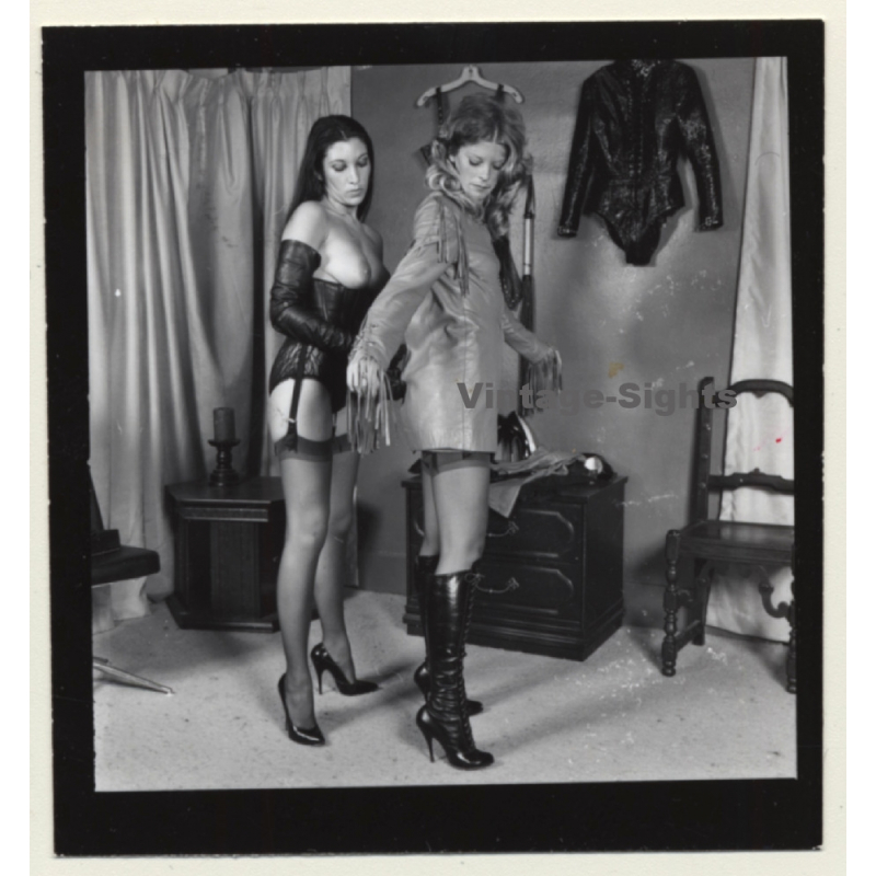 Semi Nude Blonde & Brunette Put On Lacquer Lingerie*2 / BDSM (Vintage Contact Sheet Photo 1970s)