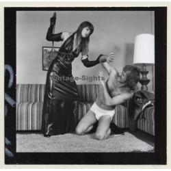 Mistress About To Whip Semi Nude Man*1 / Lacquer - BDSM (Vintage Contact Sheet Photo 1970s)