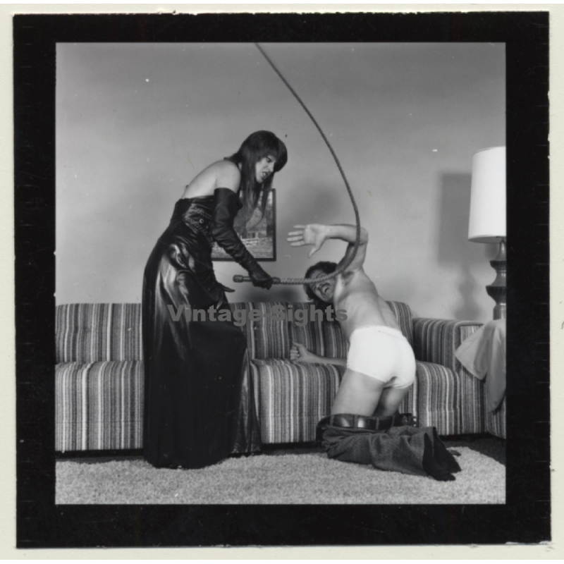 Mistress About To Whip Semi Nude Man*3 / Rod - BDSM (Vintage Contact Sheet Photo 1970s)
