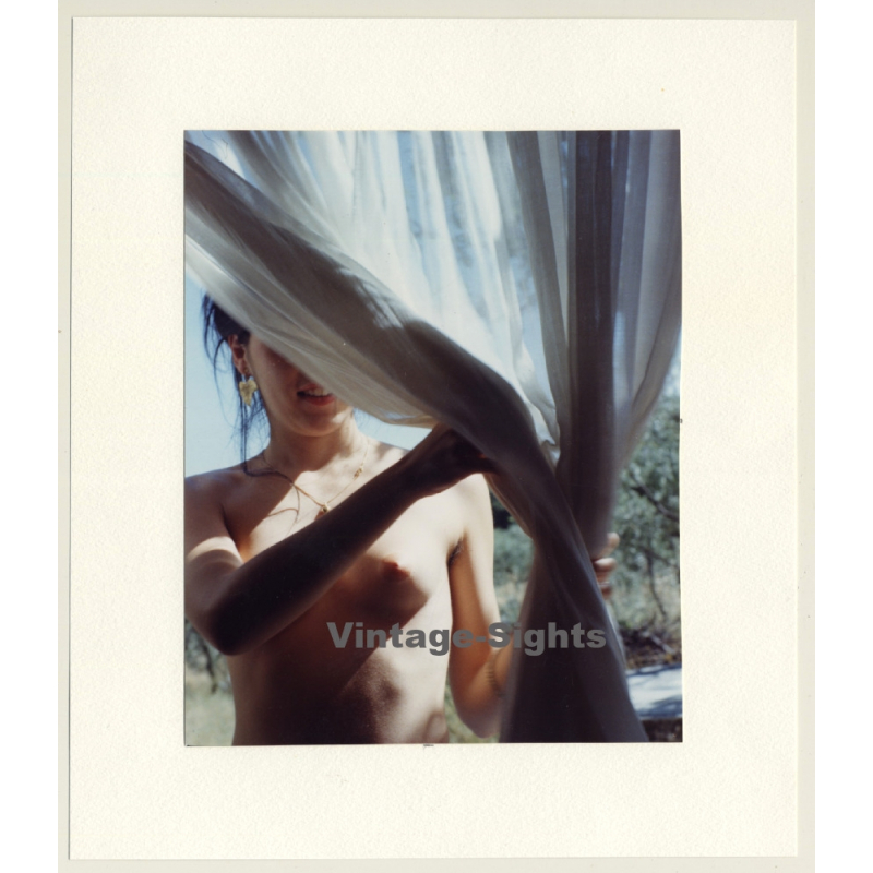 R.Folco: Slim Nude Female Behind Curtain / Boobs (Vintage Photo France 1980s)