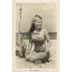Sweet Young Woman On Baltic Sea Beach / Pin-Up - Bikini (Vintage RPPC GDR 1959)