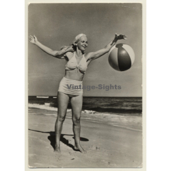 Blonde Pin Up Girl Plays Ball On Beach / Two Piece Swimsuit...