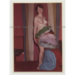 Nude Red Head Covers Herself W. Feather Fan / Boobs (Vintage Photo DDR 1960s)