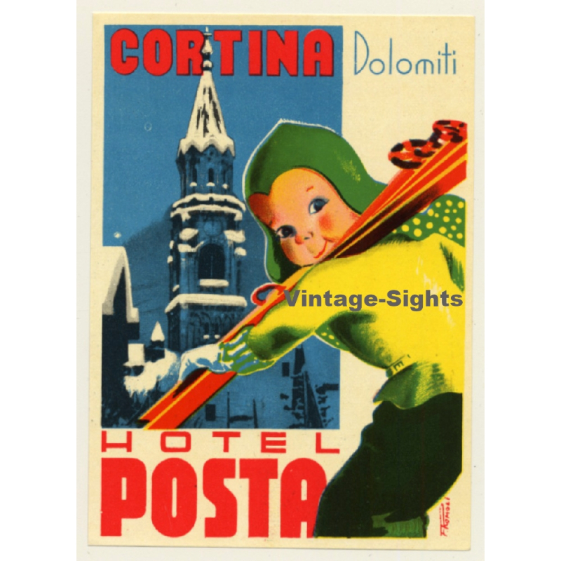 Cortina - Dolomiti / Italy: Hotel Postal (Vintage Luggage Label ~1940s/1950s)