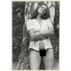 Natural Semi Nude Female Leans Against Tree / Long Hair (Vintage Photo GDR ~1980s)