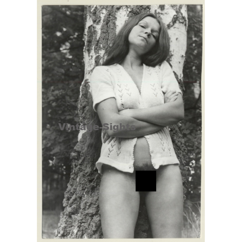 Natural Semi Nude Female Leans Against Tree / Long Hair (Vintage Photo GDR ~1980s)