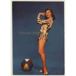 Pretty Pin-Up Girl In Short Blouse & Beach Ball / Risqué (Vintage PC 1950s/1960s)