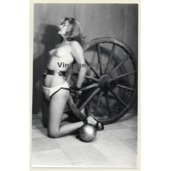 Pretty Blonde Semi Nude On Wagon Wheel *4 / Ball & Chain - BDSM (Vintage Photo GDR ~ 1960s)