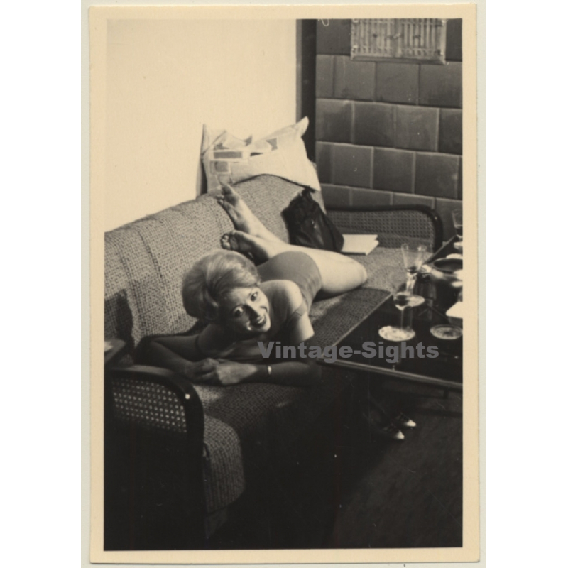 Semi Nude Blonde Lolls On Couch / Lingerie - Risqué (Vintage Photo Germany ~1950s)
