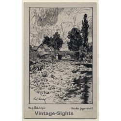 Nach Ubbelohde: Village With Bridge (Vintage Hand Painted Artist PC 1922)