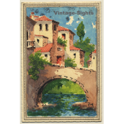 Granada: Houses - Bridge - River (Vintage Hand Painted Artist PC 1910s/1920s)