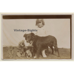 Little Baby Girl With Dog & Teddy Bears (Vintage Photo Sepia...