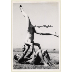 Nude Couple Doing Gymnastic On Meadow / Nudism (Vintage Photo ~1940s/1950s)
