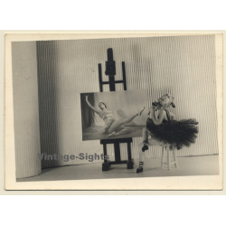 Female Doll In Petticoat In Front Of Ballerina Painting (Vintage Photo ~1930s/1940s)