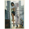 Slim Asian Semi Nude Flashing Boobs Behind Curtains (Vintage Photo ~1990s)