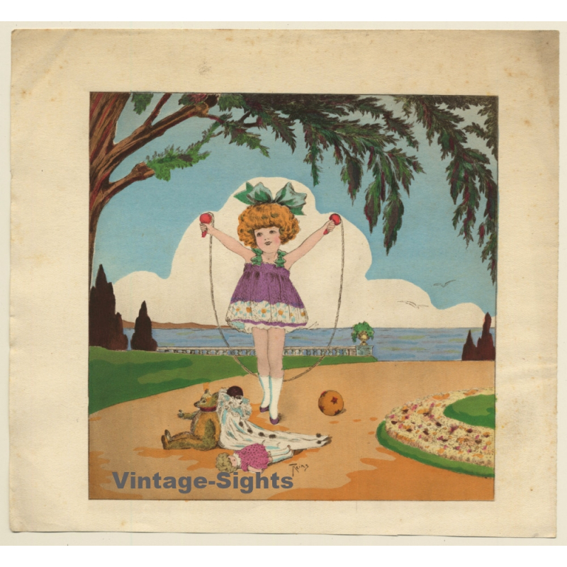 Reine: Little Girl Skipping / Teddy Bear - White Clown (Vintage Art Nouveau Print ~1920s/1930s)